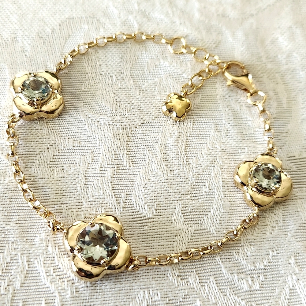 NEW! JTV 18KT GOLD over 925 Sterling Silver Genuine Prasiolite Clover Bracelet!
